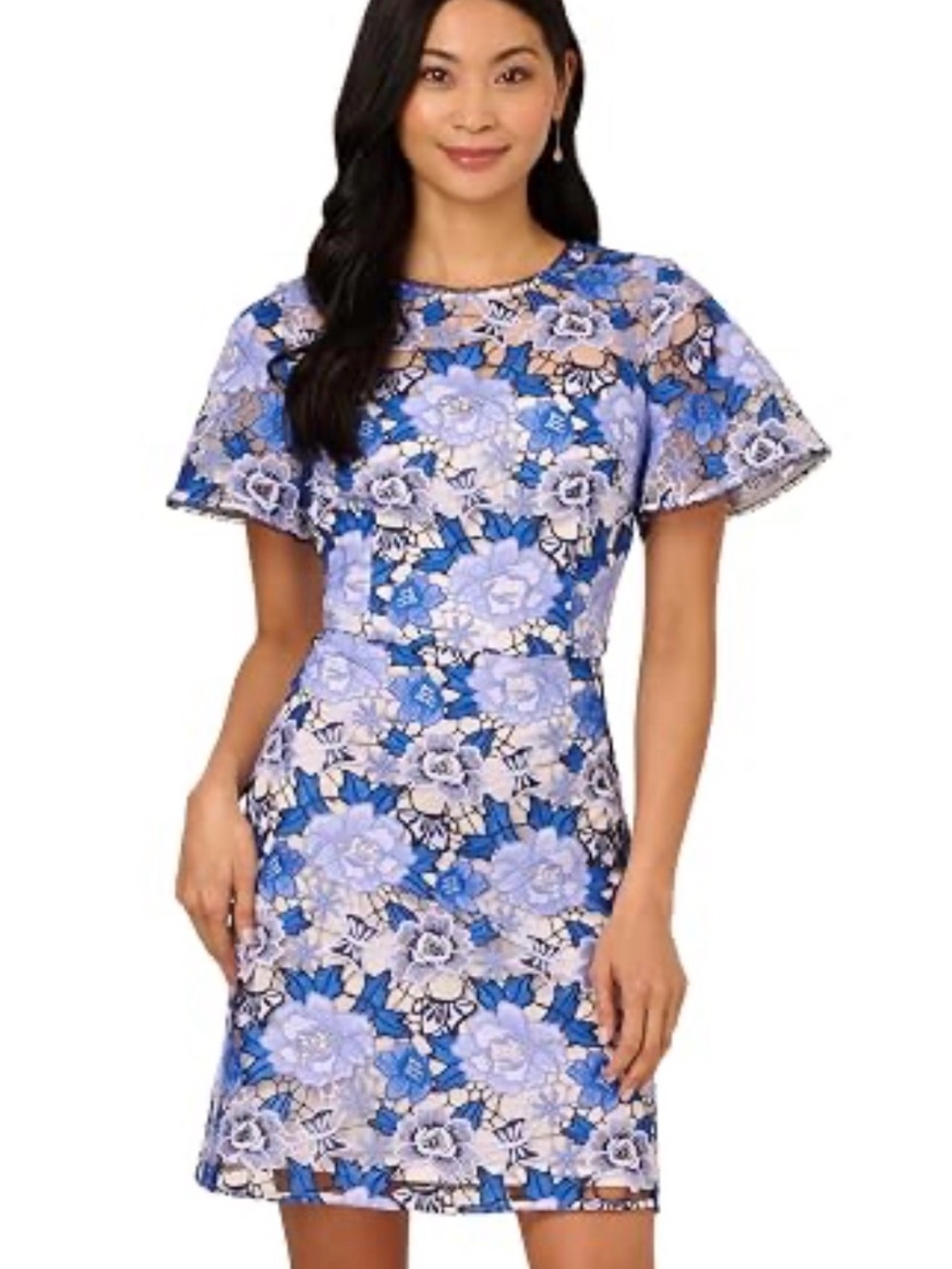 Adrianna Papell Blue Floral Lace Flutter Sleeve Sheath Dress Size 10